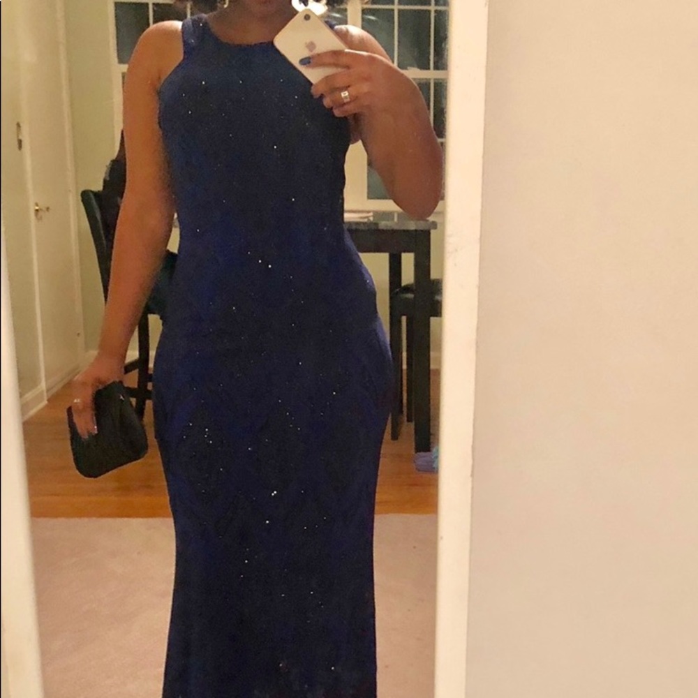 Dark blue cocktail/ prom dress with black detail